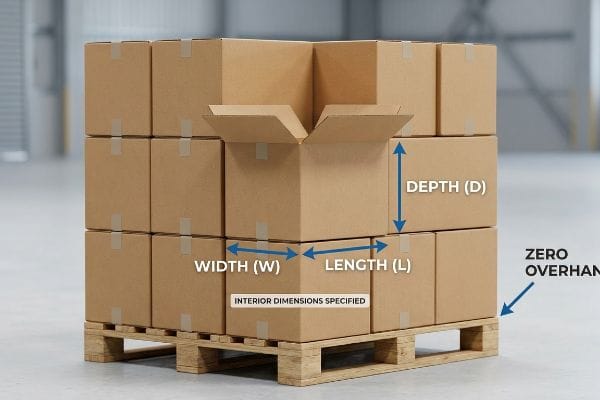 Corrugated boxes on a wooden pallet, showing Length (L), Width (W), Depth (D) for Interior Dimensions Specified, with Zero Overhang.