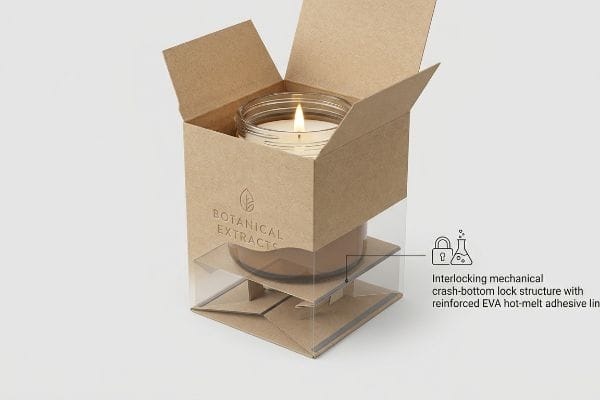 Brauner Kraftkarton für die Duftkerze Botanical Extracts, mit transparentem Boden und ineinandergreifendem Crash-Bottom-Verschluss, verstärkt durch EVA-Schmelzkleber.