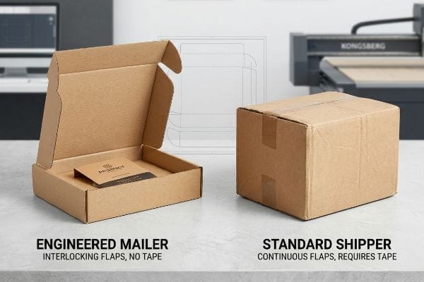Engineered mailer box with interlocking flaps and 'Product' card, next to a taped standard shipper.