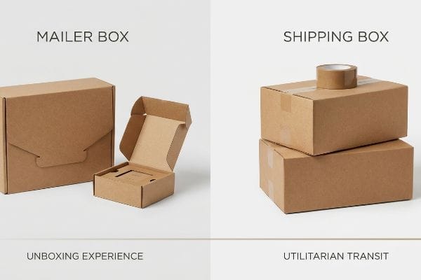 Mailer vs Shipping Boxes Brown corrugated mailer boxes and taped shipping boxes illustrating Unboxing Experience versus Utilitarian Transit.