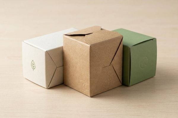 Sustainable cosmetic packaging boxes: off-white, kraft, and green, with interlocking geometric folds and eco-friendly leaf or recycling symbols.
