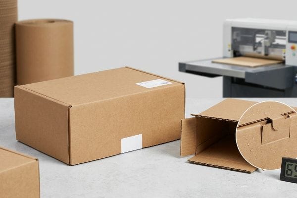 Humidity Affects Packaging Brown corrugated cardboard boxes, one closed with labels, another open revealing interlocking tabs and slots with visible moisture droplets, demonstrating humidity's effect on packaging integrity.