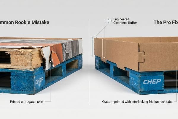 Torn corrugated skirt on CHEP pallet (Rookie Mistake) vs. Pro Fix skirt with interlocking tabs and Engineered Clearance Buffer.
