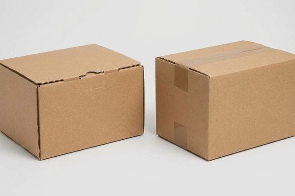 Brown corrugated mailer box with interlocking flaps positioned beside a taped shipping box, highlighting distinct closure mechanisms.