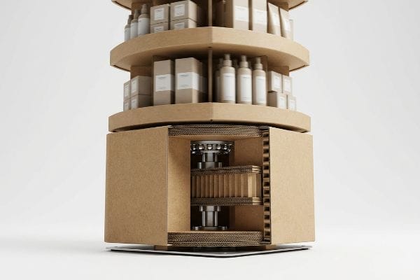 Mecanismo de hilado corrugado Expositor giratorio de cartón corrugado con eje de torsión interno expuesto y rodamientos de bolas, para exhibir botellas y cajas de cosméticos.