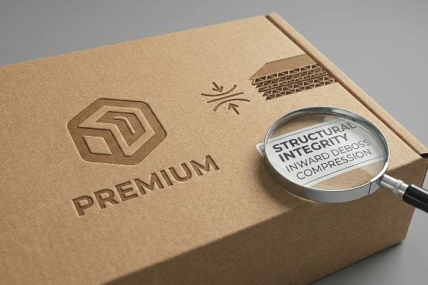 Brown corrugated box featuring a debossed Premium logo and magnified text: Structural Integrity, Inward Deboss, Compression.