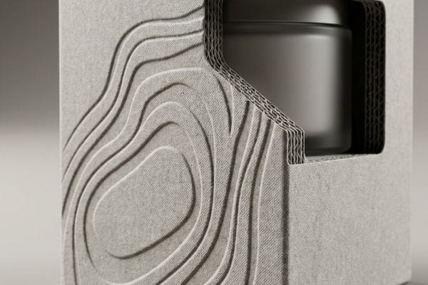 Light grey micro-fluted board packaging features inward debossing, showcasing corrugated layers and a dark cosmetic jar.