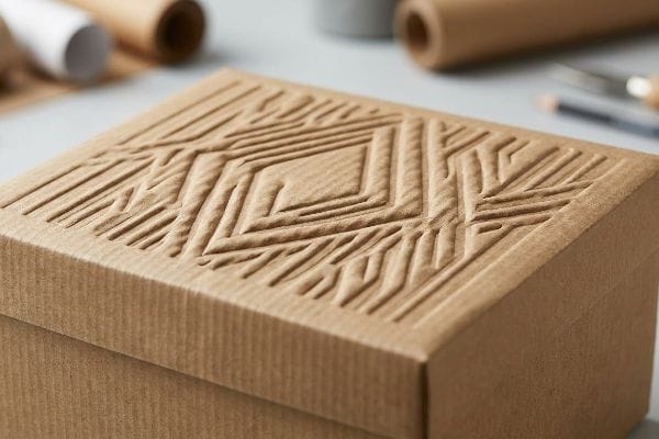 Tactile Debossed Packaging Brown corrugated gift box with a deep inward debossed geometric pattern, showcasing a luxury 3D tactile finish on micro-flute board.