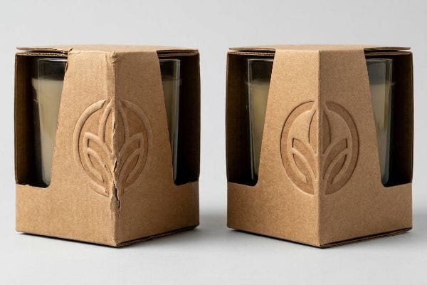 Brown kraft paper packaging with an inward debossed leaf logo holds two glass candle jars, showcasing sustainable design.