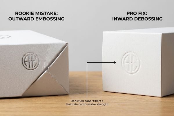Debossing Prevents Corner Blowout White paperboard boxes compare Outward Embossing, causing corner stress, with Inward Debossing, maintaining compressive strength for luxury cosmetic packaging.