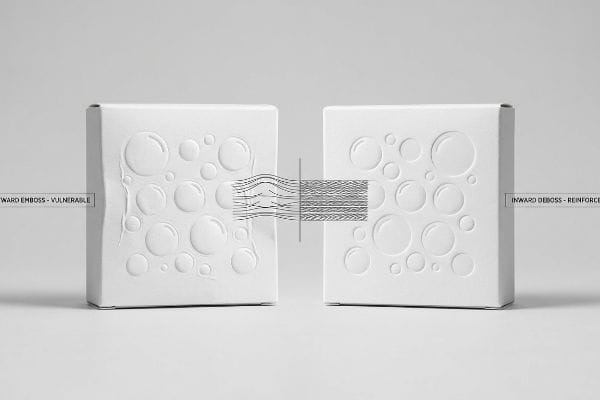 Emboss vs Deboss Strength White boxes demonstrate inward emboss vulnerability and inward deboss reinforcement, showing fiber stretching versus densification.