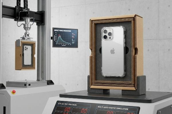 iPhoneケース落下テスト 段ボール箱に入った透明なiPhone 15 Pro用バンパーケースが、衝撃力分散に関するISTA 3A試験プロトコルを受けています。.
