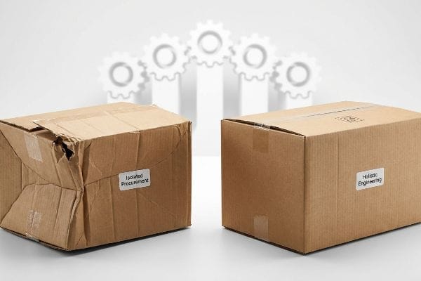 パッケージ比較 破損した「Isolated Procurement」の段ボール箱の隣に、傷一つない「Holistic Engineering」の箱が置かれており、背景には歯車が写っている。.