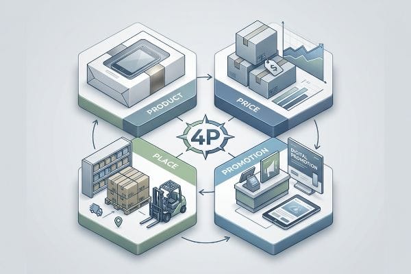 Retail Marketing 4 Ps An isometric diagram illustrates the 4 Ps of retail marketing: Product (smartphone), Price (boxes, graph), Place (warehouse, forklift), and Promotion (digital marketing).