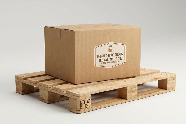 Brown corrugated cardboard box with 'Organic Spice Blends Global Spice Co.' label on an ISPM 15 heat-treated wooden pallet.