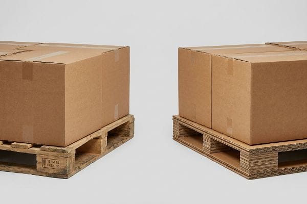 Wood and Paper Pallets A wooden pallet, stamped ISPM 15 Treated, stands beside a corrugated paperboard pallet, both supporting brown shipping boxes.