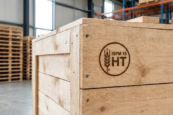 ISPM 15 HT Crate Light-colored wooden shipping crate displaying the Ispm 15 Ht heat treatment stamp, ensuring international compliance and pest eradication.