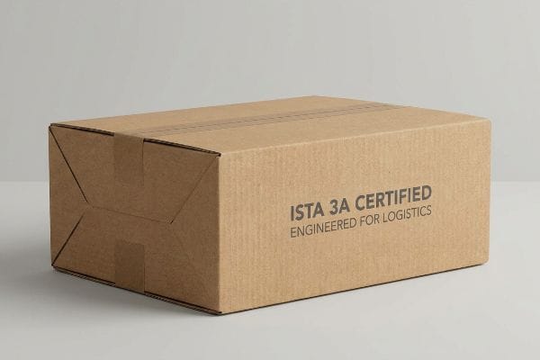 ISTA 3A Certified Box Brown corrugated cardboard shipping box, ISTA 3A Certified, Engineered For Logistics, ready for transit.
