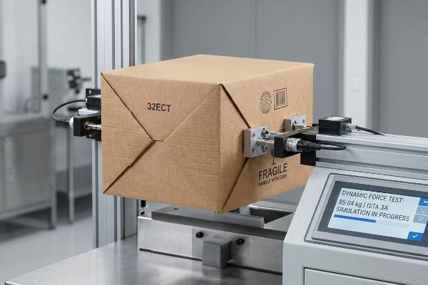 Brown corrugated cardboard box labeled "32ECT" and "Fragile Handle With Care" undergoing an ISTA 3A dynamic force test, displaying "85.04 kg" on screen.