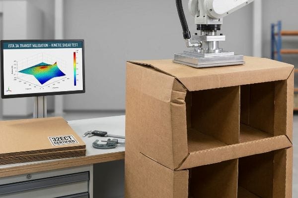 Packaging Kinetic Shear Test Brown corrugated box undergoing ISTA 3A Transit Validation Kinetic Shear Test by a robotic arm, with a monitor displaying results and 32ECT Certified sheets, micrometer, and caliper.