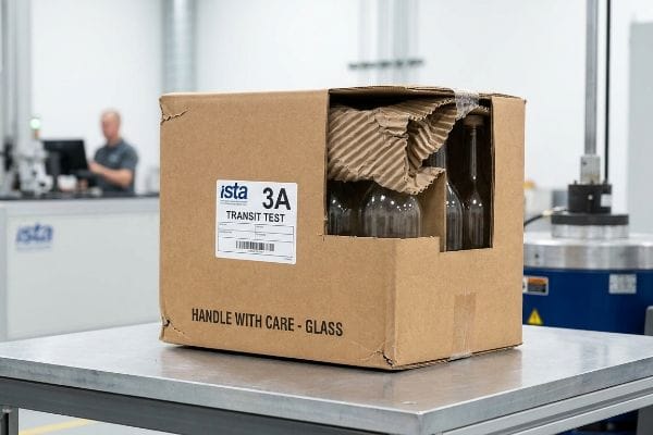 ISTA 3A Transittest Wellpappkarton mit der Aufschrift „Ista 3A Transit Test“ und dem Hinweis „Vorsicht Glas“, der Glasflaschen mit Innenverpackung enthält.