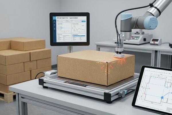 Robotic arm with sensor performing ISTA 3A Transit Test impact analysis on a cardboard box, displaying data on a monitor and CAD on a tablet.
