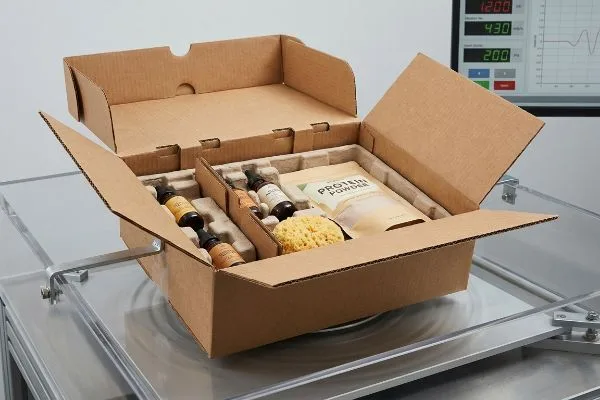 Prueba de embalaje ISTA 3A Caja de cartón corrugado marrón con botellas de vidrio, proteína en polvo y esponja, sometida a pruebas de vibración ISTA 3A.