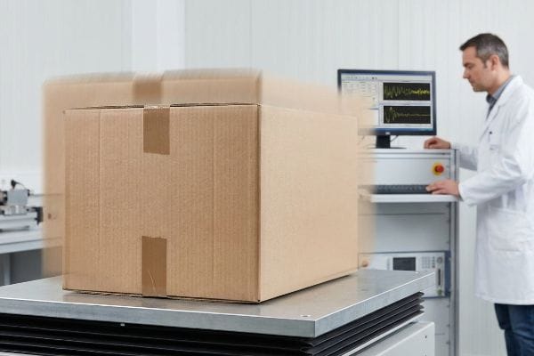 Dynamic Packaging Survival Test Corrugated box on a vibration test platform, a scientist monitors dynamic kinetic data on a screen.