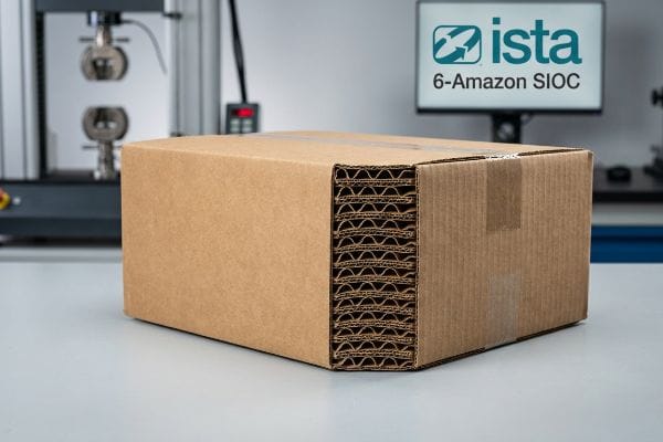Virgin corrugated board box with visible multi-layer flutes, certified ISTA 6-Amazon SIOC.