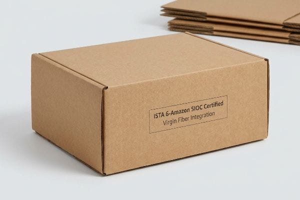 Caja de cartón corrugado marrón con el texto "ISTA 6-Amazon SIOC Certified Virgin Fiber Integration", ideal para envíos seguros.
