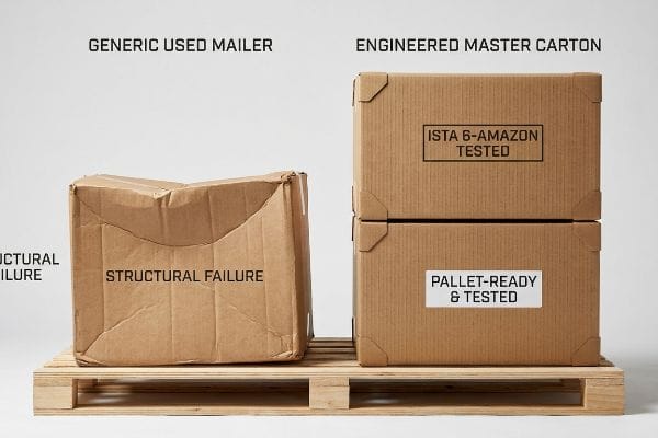 Cajas maestras probadas Cajas de cartón corrugado marrón sobre un palé, un sobre arrugado con la inscripción "Fallo estructural", dos cajas maestras resistentes con la inscripción "Ista 6 - Probado por Amazon".