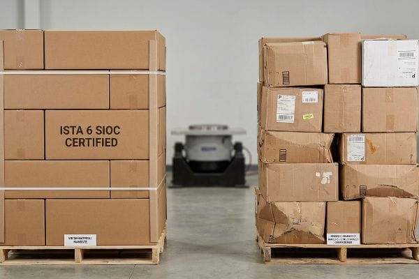 Certified vs Damaged Packaging Ista 6 Sioc Certified new cardboard boxes on a pallet contrasted with a stack of damaged, reused shipping boxes, near a vibration table.
