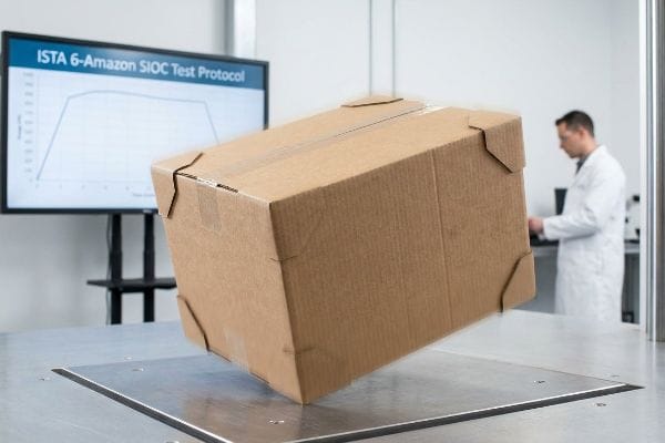 ISTA 6 Drop Test Brown corrugated box with corner protectors undergoing an Ista 6-Amazon Sioc Test Protocol drop test on a metal surface.