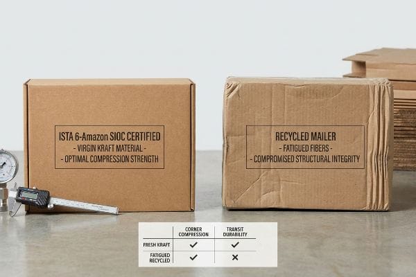 Virgin kraft ISTA 6-Amazon SIOC Certified box with optimal compression strength next to a damaged Recycled Mailer with fatigued fibers and compromised structural integrity. A caliper and a comparison table on corner compression and transit durability are visible.