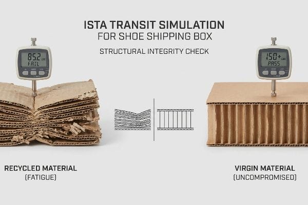 Recycled corrugated material fails ISTA transit simulation at 85.2 pounds, while virgin material passes at 150+ pounds for shoe shipping box structural integrity.