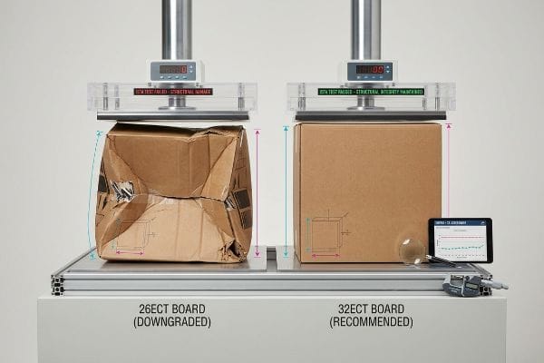 ISTA Test Results Two cardboard boxes undergoing ISTA compression testing, showing a crushed 26ECT board (downgraded) failing and an intact 32ECT board (recommended) passing structural integrity.