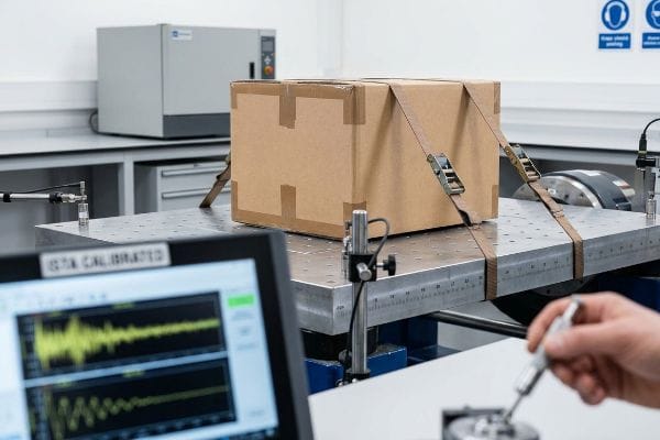 Brown cardboard box secured on an ISTA calibrated vibration testing platform, displaying kinetic shock waveforms on a monitor in a packaging laboratory.