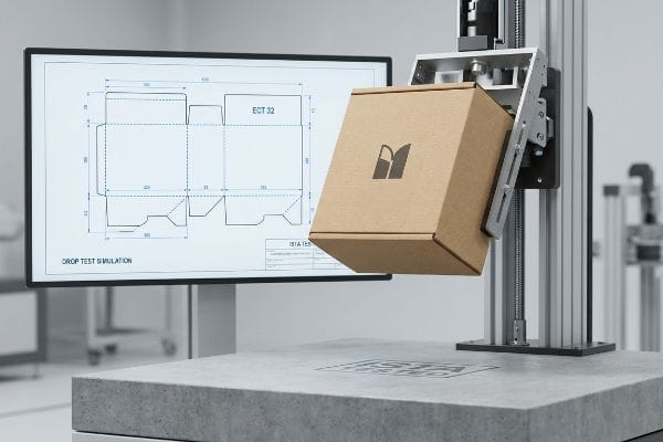 ISTA Drop Test Simulation ISTA Drop Test Simulation on brown e-commerce box, Dieline and ECT 32 specs on monitor.