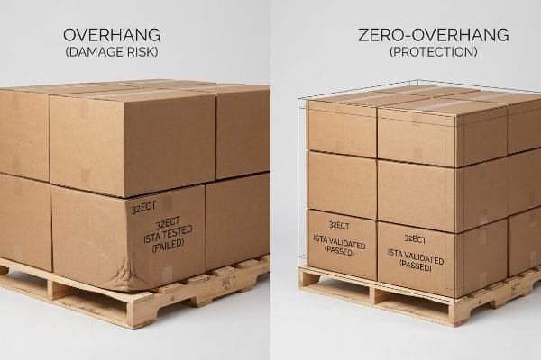 Zero Overhang Pallet Protection Brown 32ECT corrugated boxes on a pallet, contrasting Overhang (Damage Risk) with ISTA Tested (Failed) against Zero-Overhang (Protection) with ISTA Validated (Passed).