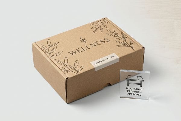 Wellness Delivery Box ISTA Brown cardboard Wellness subscription box with a 'Curated Delivery - 2026' label and an 'ISTA Transit Protocol: Approved' acrylic block.