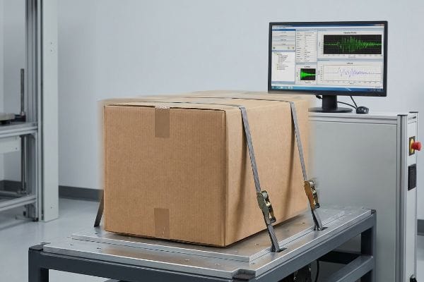 Brown corrugated master carton undergoing ISTA vibration testing on a dynamic simulation machine, with a monitor displaying test data graphs.