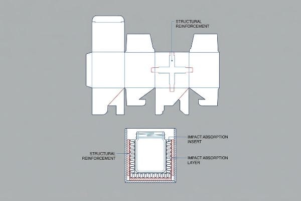 Box Structural Reinforcement A technical diagram illustrates a Kraft box die-cut template with Structural Reinforcement and a jar protected by an Impact Absorption Insert and Layer.