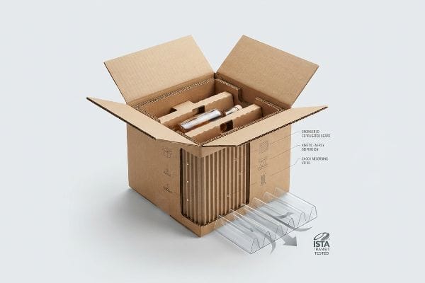 Corrugated box with internal packaging for a bottle, showing Kinetic Energy Dispersion, Shock Absorbing Voids, and ISTA Transit Tested.