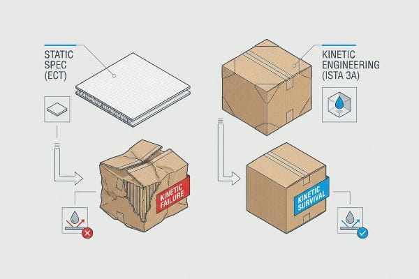 Kinetische vs. statische Verpackung Isometrisches Diagramm zum Vergleich von Static Spec (ECT), das zum kinetischen Versagen eines zerknitterten Wellpappkartons führt, und Kinetic Engineering (ISTA 3A), das das kinetische Überleben einer intakten Versandverpackung gewährleistet.