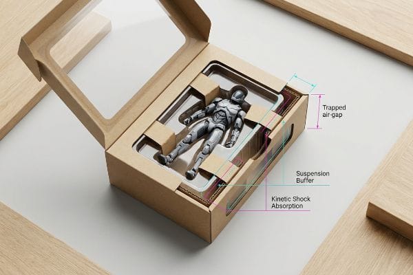 Kraft paperboard box with clear thermoformed insert protecting a gray action figure, highlighting Trapped Air Gap, Suspension Buffer, and Kinetic Shock Absorption.