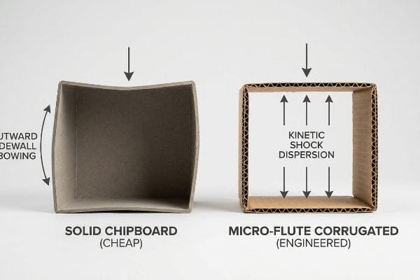 Corrugated Shock Dispersion Solid Chipboard box with Outward Sidewall Bowing contrasted with Micro-Flute Corrugated box displaying Kinetic Shock Dispersion.