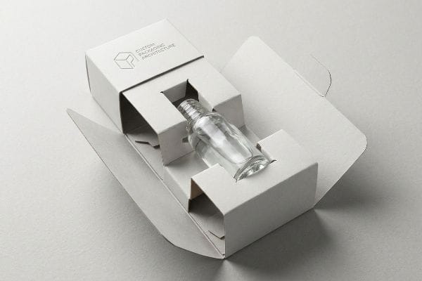 Kinetic Suspension Packaging White paperboard packaging with a die-cut insert suspends a clear glass bottle, demonstrating kinetic suspension architecture.