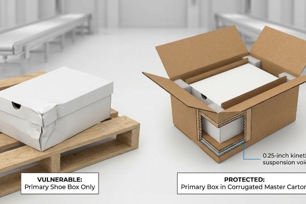 Damaged primary shoe box on pallet versus protected box in corrugated master carton, showing 0.25-inch kinetic suspension void.