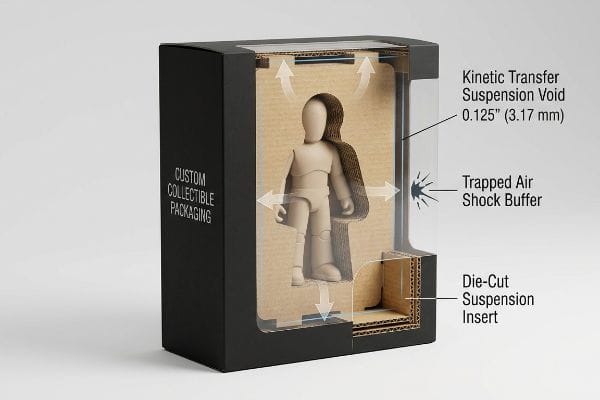 Collectible Suspension Void Black custom collectible packaging with a die-cut suspension insert, illustrating a 0.125" (3.17 mm) kinetic transfer suspension void and trapped air shock buffer.