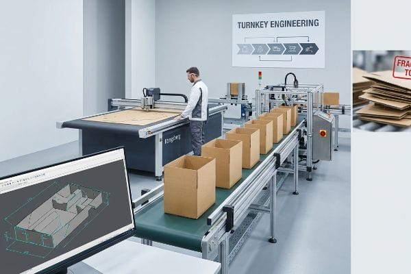 Kongsberg CNC cutting table precisely cuts cardboard packaging, a CAD model on screen, illustrating turnkey engineering for automated production.